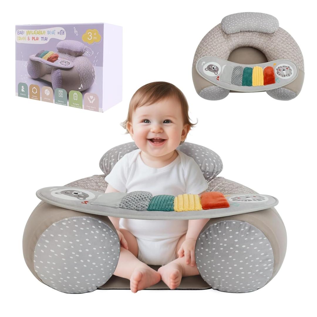 Upgraded Blublu Park Wider U-Shape Inflatable Sit Me Up Floor Seat for Baby 3-36 Months, Travel Portable Baby Chair with Activity Sensory Tray for Sitting Up, Indoor and Outdoor, Piano (Grey)