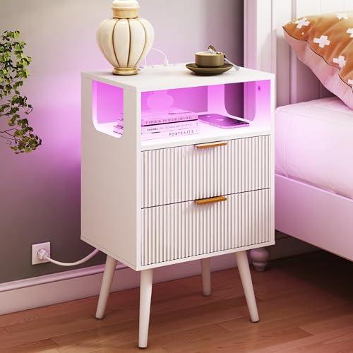 JOONEE White Nightstand with Charging Station and LED Lights,Modern Bedside Table with 2 Storage Drawer and Open Wood Shelf, for Bedroom and Small Spaces,Night Stand with Solid Wood Legs,White