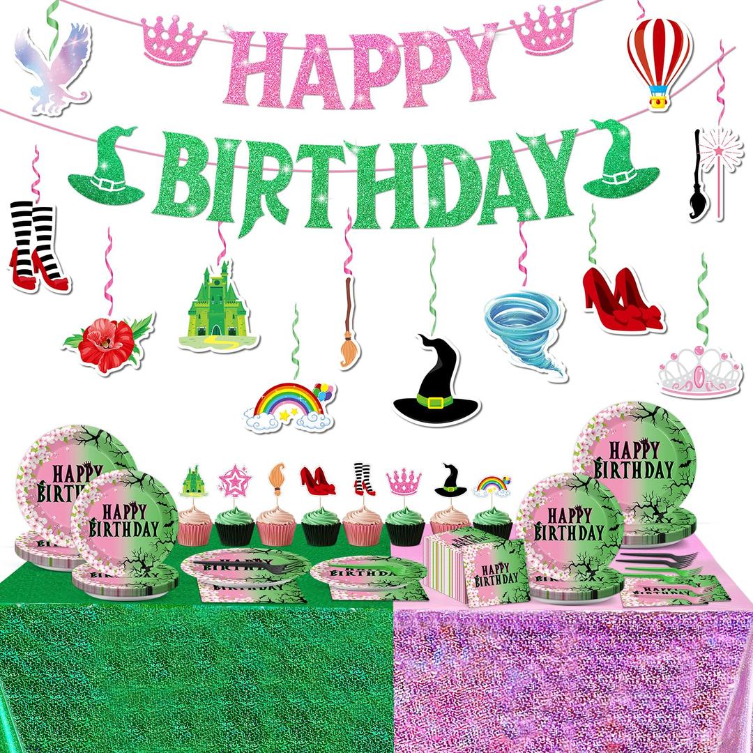 50Pcs Witch Princess Birthday Party Decorations Halloween Pink and Green Happy Birthday Banner Hanging Swirls and Honeycomb Centerpieces Tablecloth Cake Topper for Kids Baby Shower Supplies