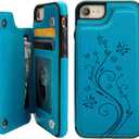 Vaburs Wallet Case for iPhone SE(2022) 5G/SE(2020)/7/8 with Card Holder, Embossed Butterfly Premium PU Leather Double Magnetic Buttons Flip Shockproof Protective Cover 4.7 inch (Blue)