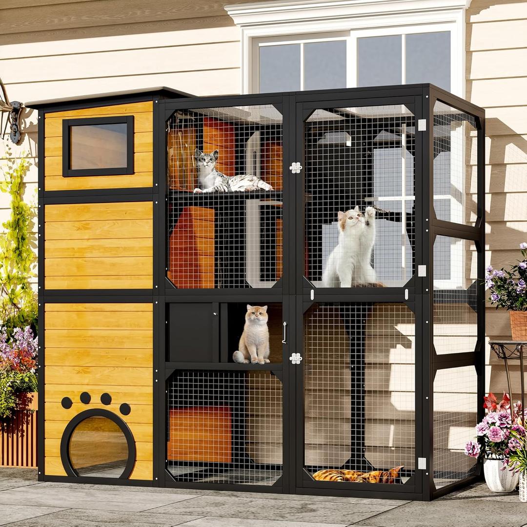 Merax Large Cat Catio 4 Tiers Cat Enclosure for Outdoor, Cat House Weatherproof Attached to Window for Multiple Cats with Platforms and Resting Rooms, Brown