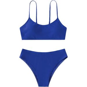 SHENHE Girl's 2 Piece High Waisted Spaghetti Strap Cute Swimsuit Bathing Suit Solid Bikini Sets (Royal Blue) 12-13Y