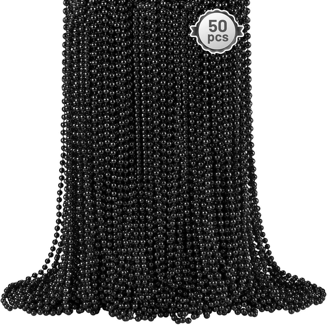 50 PCS Black Bead Necklaces, Black Mardi Gras Beads, New Year Eve Necklaces, 33 Inch Round Halloween Beaded Necklace, Party Beads for Mardi Gras, Christmas, Halloween, New Year Party Favors