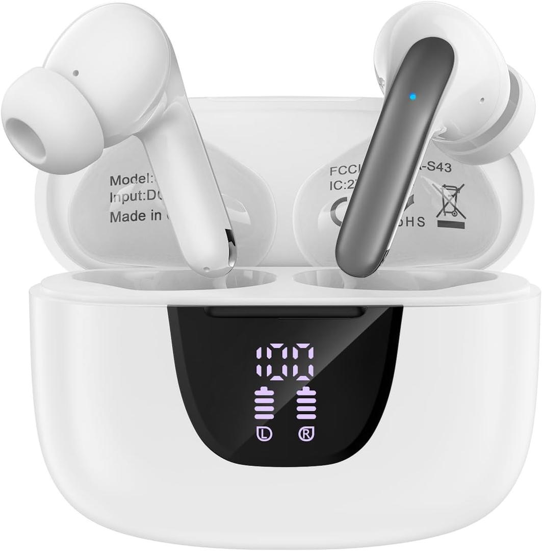 Wireless Earbuds for Samsung Galaxy S26 S25 Ultra, Bluetooth 5.3 Headphones Bass Stereo Noise Canceling Ear Buds with Mic LED Display, IPX7 Waterproof in Ear Earphones for Phone Laptop Sports Workout (White)