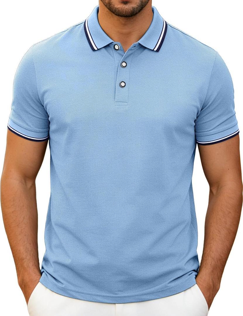 Men's Golf Polo Shirts Short Sleeve Striped Casual Polo Shirts for Men Dry Fit Tennis T-Shirt Tops (Blue, L)