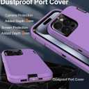 for iPhone 15 Pro Case with Tempered Glass Screen Protector, 16ft Drop Protection, with Dustproof Port Cover, 3-Layer Heavy Duty Shockproof Phone Case, Black/Purple
