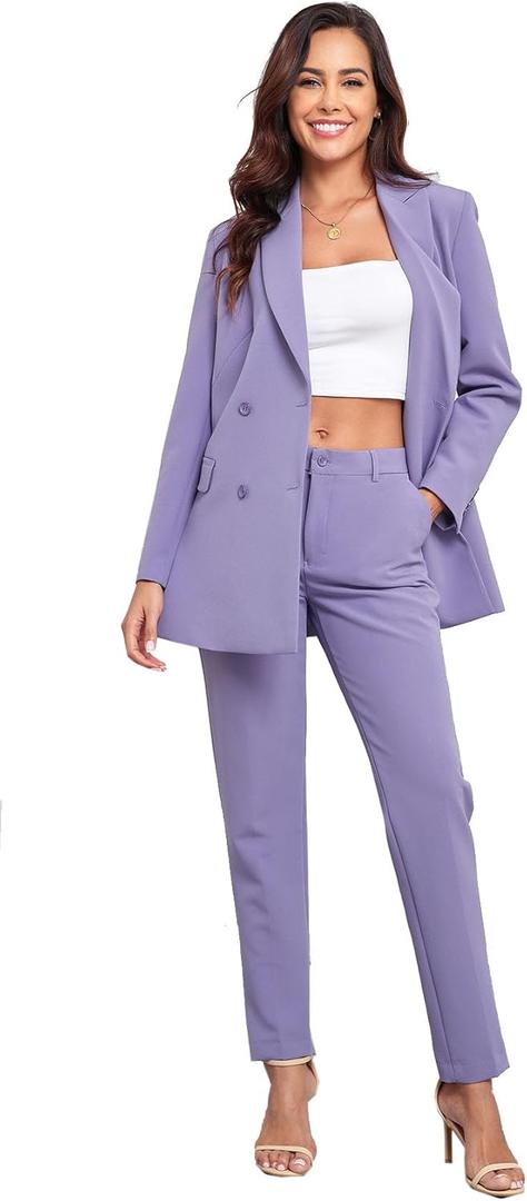 Women's 2 Pieces Pant Suits, Double Breasted Blazer Set, Casual Loose Long Blazer Jackets and Long Pant Suits with Pockets Lilac XL