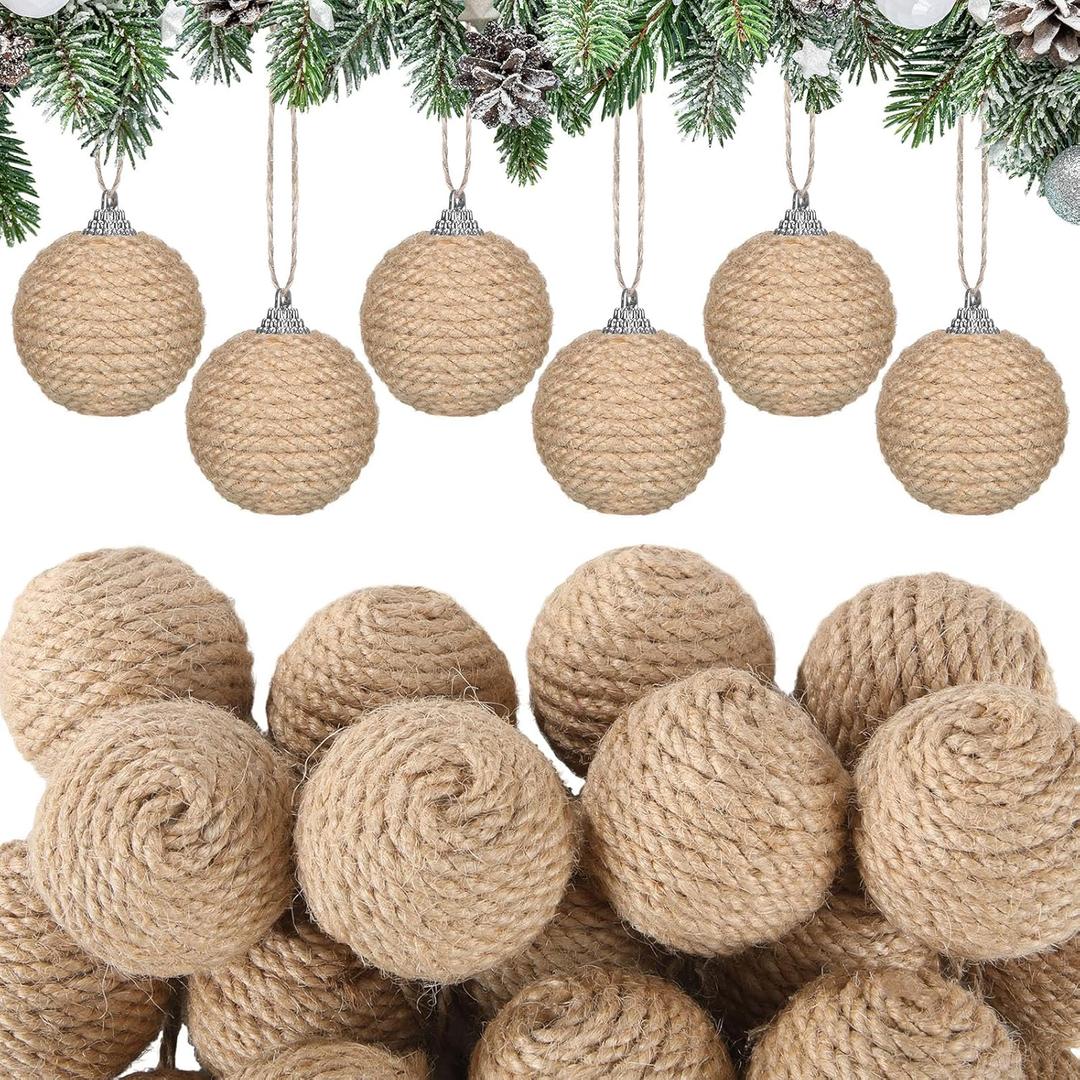 Syhood 18 Pcs 1.57 Inches Mini Christmas Ball Ornaments Boho Farmhouse Jute Rope Hanging Balls Burlap Neutral Rustic Ornaments for Xmas Tree Holiday Wreath Garland Wedding Home (Linen)