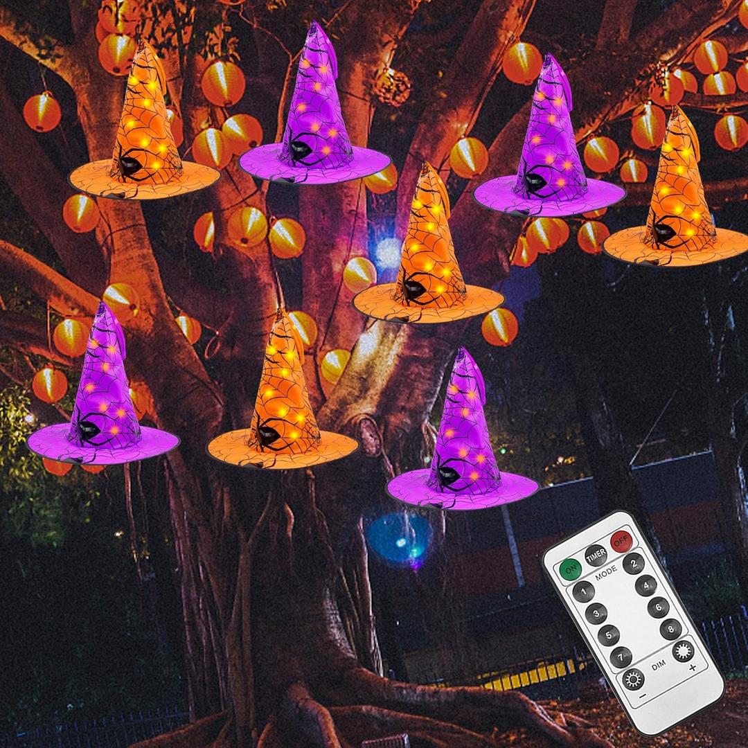 Halloween Decorations 8 Pcs Hanging Witch Hat String Lights, 14ft 56 LEDs Halloween Indoor Outdoor Remote Control String Lights, Battery Powered with 8 Lighting Modes for Garden, Yard, Tree