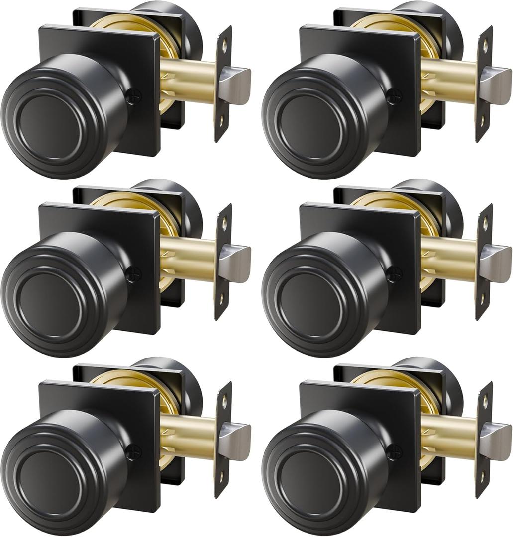 Euvovito Matte Black Passage Door Knobs, Anti-Fingerprint Coating and Adjustable Latch, 6 Pack Stainless Steel Black Sleek Closet Door Knobs for Hallway/Closet