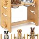 Jovrun Elevated Dog Bowls, Adjustable Raised Dog Bowl Stand for Medium Large Size Dogs, 15°Tilted Elevated Dog Bowls, Durable Bamboo Dogs Feeder with 2 Stainless Steel Bowls and Non-Slip Feet