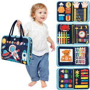 Toddler Busy Board Book Montessori Toys,Sensory Book Educational Activities for Learning Fine Motor Skills, Quiet Travel Essentials for Airplane & Car, Birthday Gift for Boys Girls Toddlers (Blue)