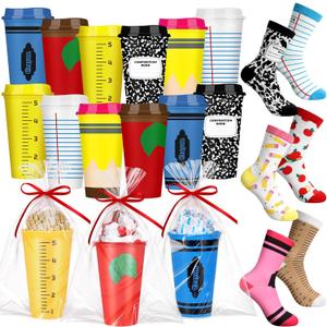 Yungyan 12 Set Teacher Appreciation Gifts Bulk Teacher Reusable Plastic Coffee Cup and Novelty Teachers Socks Thank You Gifts for Teachers Employee Team Coworker Staff Office Supplies(16 oz)