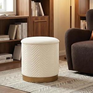 CAIPINFUL 15" Round Storage Ottoman, Velvet Foot Rest Stool with Gold Plating Base，Sturdy Space-Saving Seat for Dorm Living Room