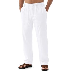 Janmid Men's Linen Pants Casual Elastic Waist Drawstring Yoga Beach Trousers (White)