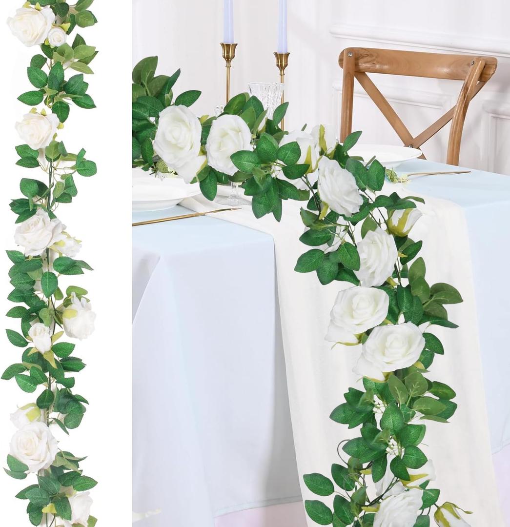 3 Pack White Flower Garland Rose Garland Wedding Arch Flower, 20 FT Large White Floral Garlands Spring Flowers Wall Backdrop Decor, Fake Rose Vines Hanging for Birthday Party Table Decor