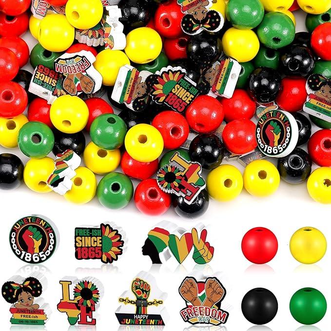 Fabbay 200 Pcs Juneteenth Wooden Beads Black Red Green Yellow Wooden Beads 1865 Freedom Day Wood Beads Ornaments with Hemp Rope for Juneteenth Black History Month Home Party Decor DIY Crafts, Small