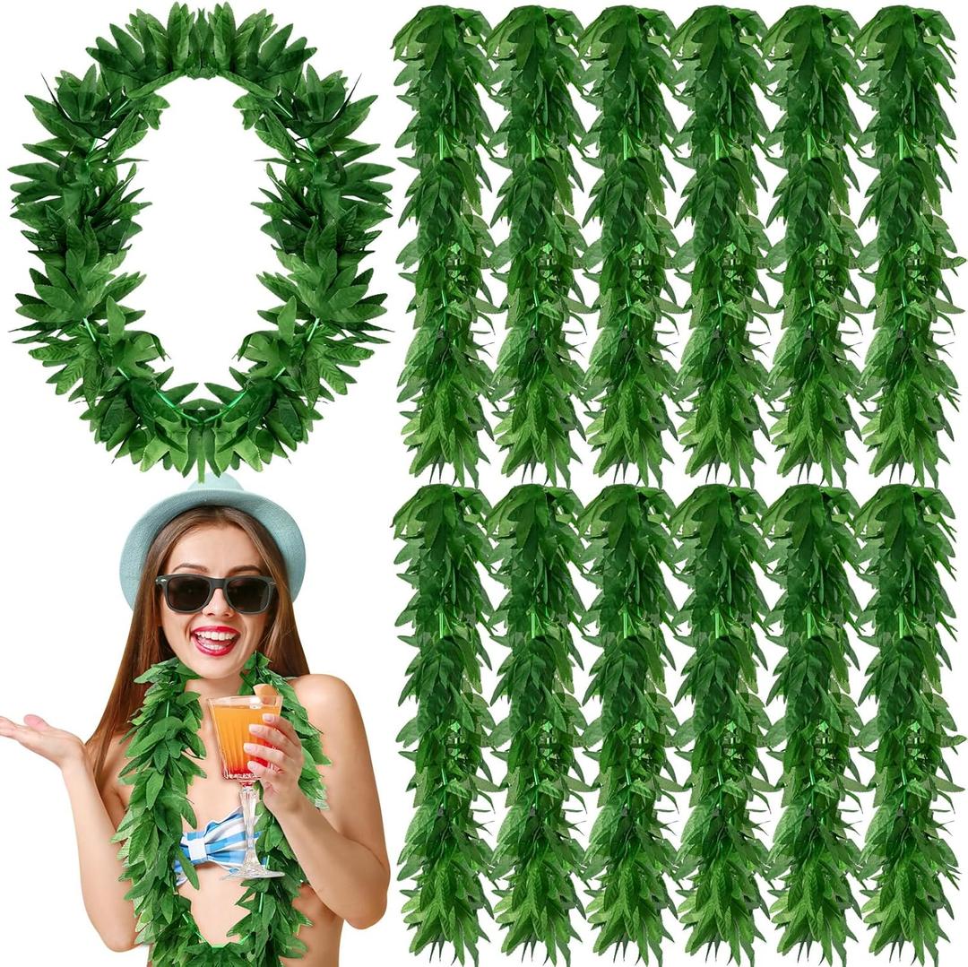 12 Pcs Tropical Green Leis Fern Leaf Necklace Green Fake Hawaiian Leis Artificial Fern Garland for Summer Luau Beach Pool Party Favors Decorations, 43 Inches
