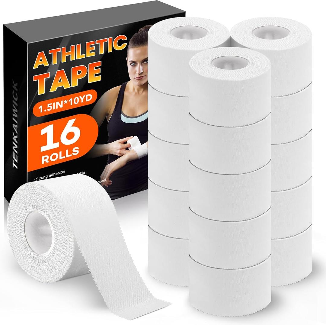 16 Pack Athletic Tape, White Sports Tape for Wrist Ankle Protection, Sports Tape Athletic No Sticky Residue, Easy to Tear Gymnastics Tape for Soccer, Football, Training Supplies (1.5" x 160 Yards)
