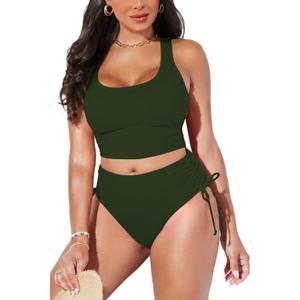 Pink Queen Women's Scoop Neck Racerback Ruched Crop Top High Waisted Bikini Sets 2 Piece Swimsuit Bathing Suit (Large, Army Green)