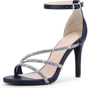 Allegra K Women's Open Toe Rhinestone Strappy Ankle Strap Stiletto Heels Navy Blue Sandals 7 M US
