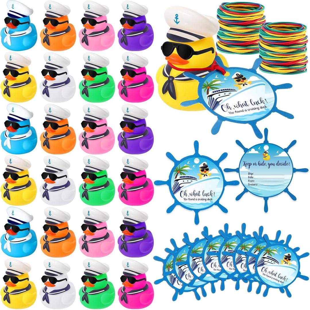 144 Pcs Cruise Ducks Tags Kits Includes 48 Rubber Cruise Ducks 48 Duck Tags 48 Rubber Bands for Cruises Ship Hiding Duck Carnival Party Game Rewards Christmas Stocking Stuffers(Multicolor)