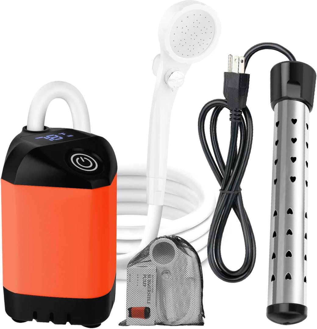 Portable Camping Shower with 2000W Heater, Long-Lasting 7800mAh Rechargeable Camping Shower with Digital Power,3 Spray Modes,IPX7 Waterproof Outdoor Camp Pump for Hiking, Travel, Car, Pet (Orange)