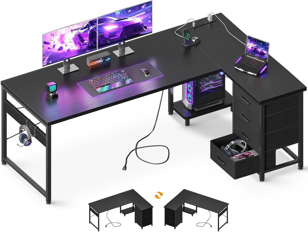 AODK L Shaped Gaming Desk with 4 Drawers, 67" Reversible Home Office Desks with Power Outlets, L Shaped Computer Desk with USB Charging Port and Host Stand, Corner Desk, Easy to Assemble, Black