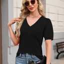 LOMON Womens Sweaters Puff Short Sleeve Lightweight Knit Summer Fall Tops Dressy V-Neck Work Blouses Business Casual Outfits (Black, S)