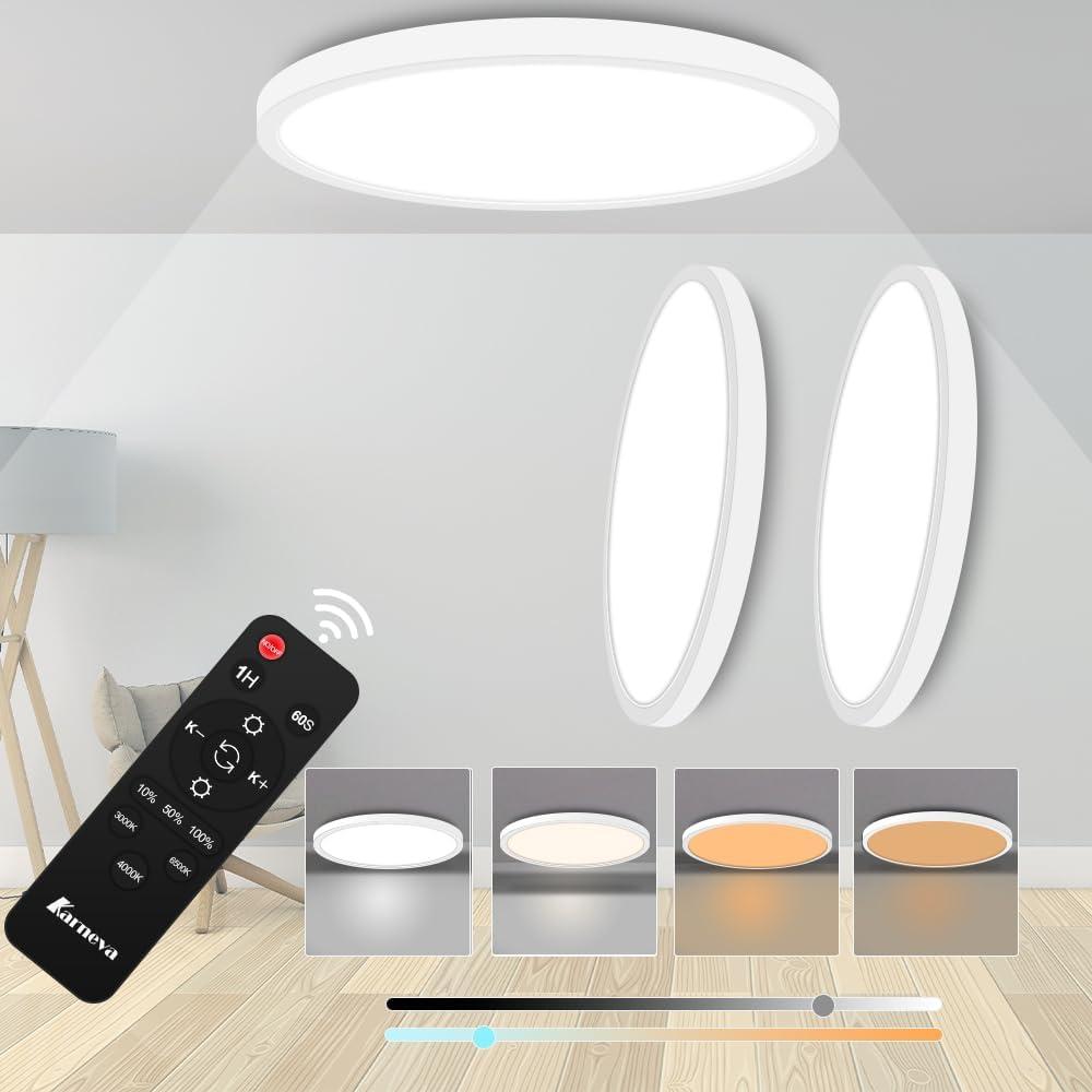 Flush Mount Ceiling Light Fixture with Remote, 12inch 24W LED Ceiling Light, Dimmable Lights for Bedroom with Night Light, Modern Ultra Thin Wired Lamp for Bedroom Living Room(White 2 Packing)