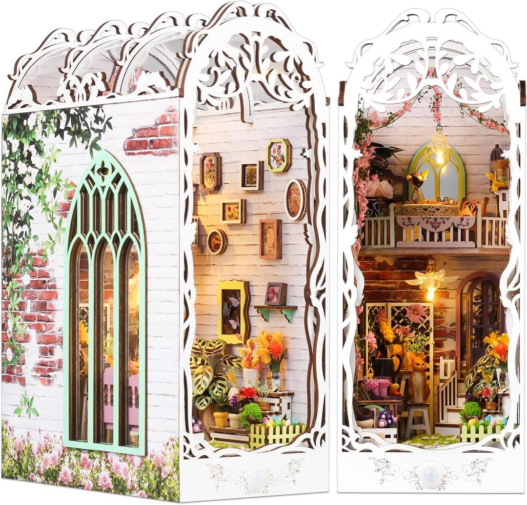 TuKIIE DIY Book Nook Miniature Kit, Booknook Dollhouse Bookshelf Insert with Sensor Light & Dust Proof, Wooden Decorative Bookend Stand Model Kits for Kids Teens Adults(Flower House)