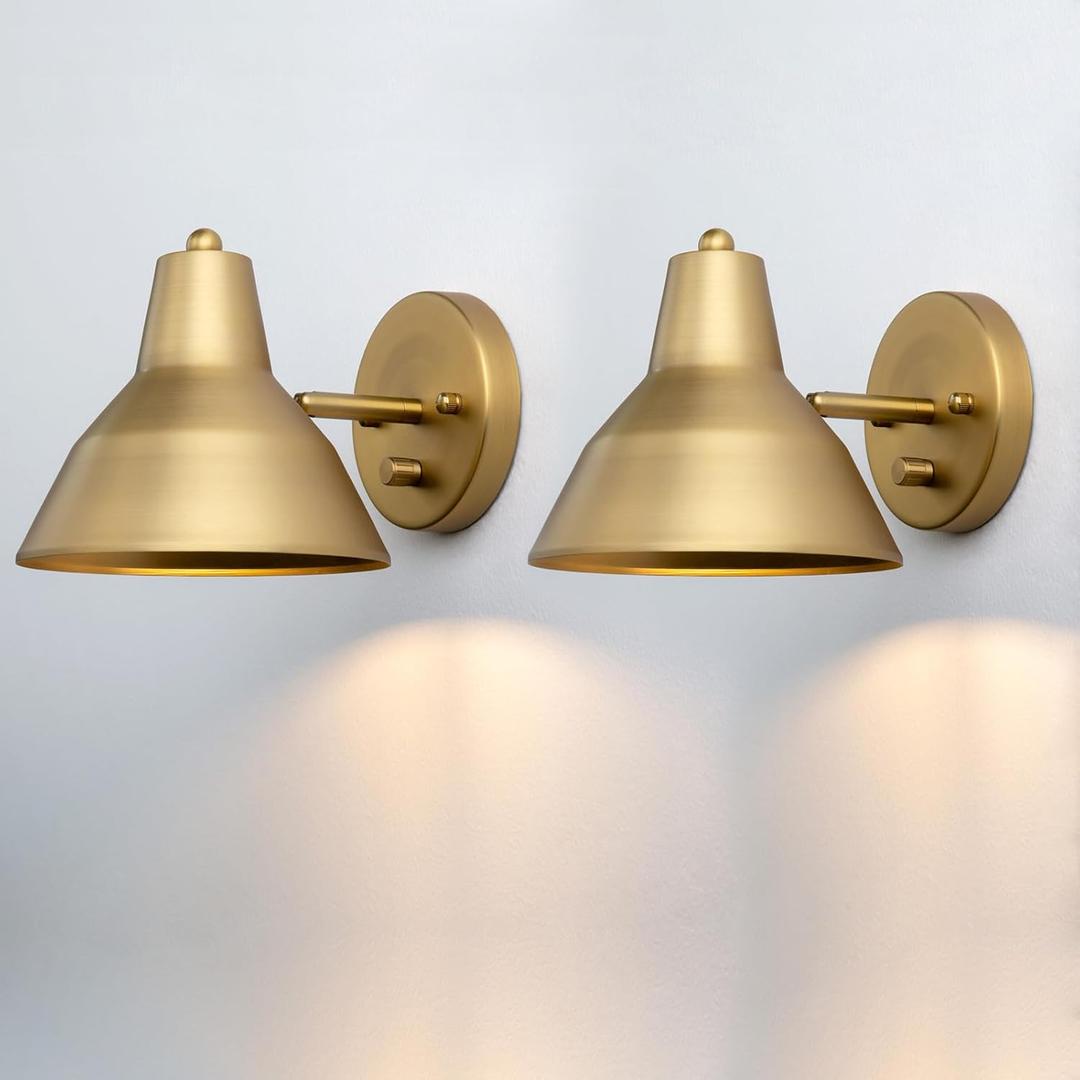 Yosoan Set of 2 Indoor Reading Wall Sconce with On Off Switch, Hardwired Brass Vintage Industrial Wall Mount Metal Fixture Lamp with 6.89" Bowl Antique Metal Shade Bedside Bunk Vanity Light(Antique)