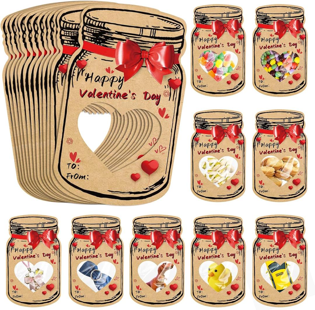 Valentines Day Cards for Kids School, 50 Pack Happy Valentines Day Cards for Classroom, Funny Mason Jar Valentine Exchange Cards for Kids Boys Girls Party Favors (Candy Not Included)