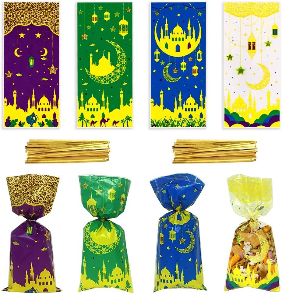 100pcs Eid Mubarak Bags - Ramadan Kareem Goodie Candy Bags for Eid al-Adha Party Supplies, 4 Colors, Muslim Castle Moon Star Plastic Cellophane Favor Bags