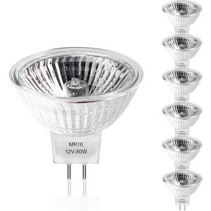 MR16 Halogen Bulbs 2 Pin, 12V 50W 6 Packs Halogen Light Bulbs Gu5.3 Base Dimmable with Clear Glass Cover, 2700K Warm White for Landscape Lights, Track Lights, Fiber Optics, Desk Lamps