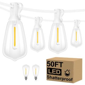 Brightever 50FT Outdoor String Lights Weatherproof, Patio Lights with 25+2 ST38 Edison Shatterproof Bulbs, Commercial Grade Warm White LED String Lights Decorative for Christmas, Wedding, Party, White (50FT-Warm White, White Wire)