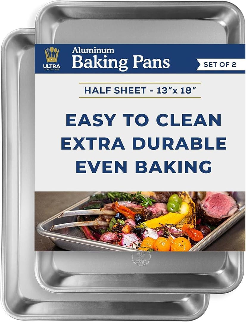 Ultra Cuisine Baking Sheet Pan Set of 2- Professional Bakeware for Roasting, Cooking & More - Food Safe, Warp Resistant, Bake Trays for Oven - Rimmed Half Cookie Sheets for Baking (Aluminum 18 x13") (Pack of 2  18" x 13" (Most Popular))