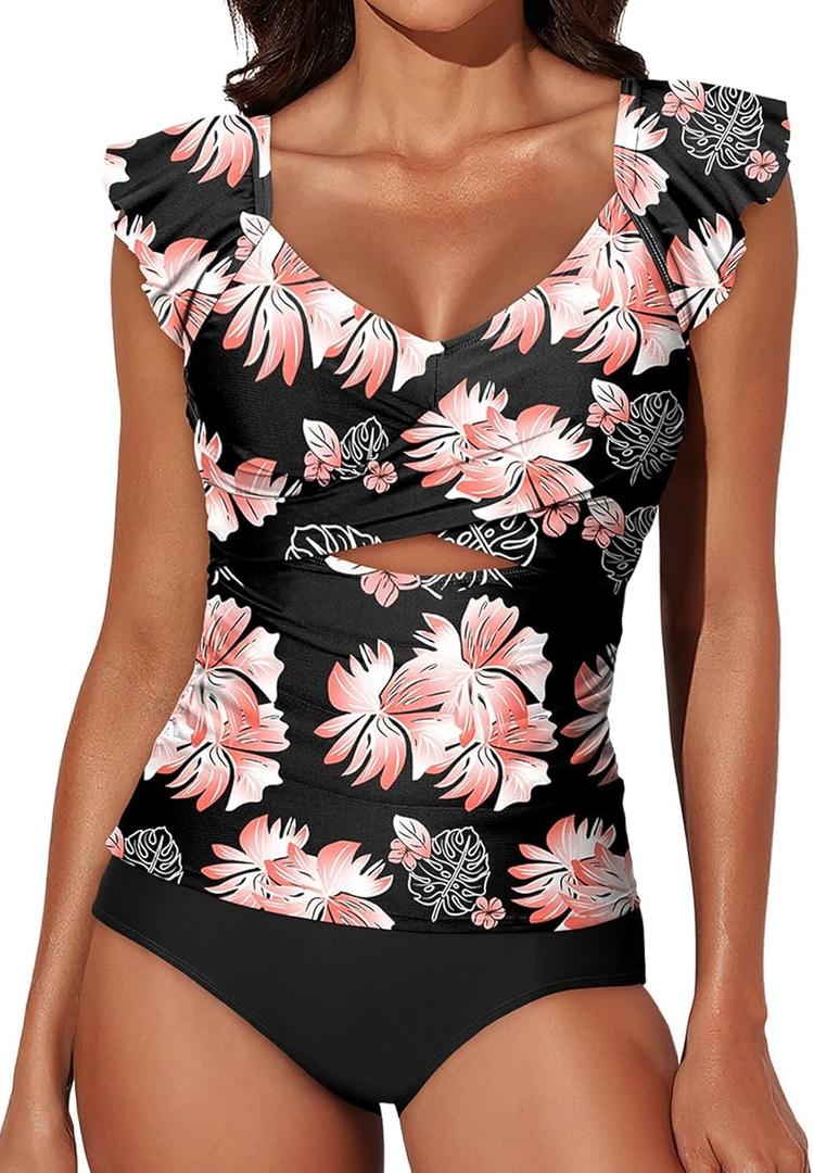Aleumdr Two Piece Tankini Swimsuits for Women Cutout Tummy Control Bathing Suit Ruffled V Neck Tank Tops with Bottom (Black, XL)
