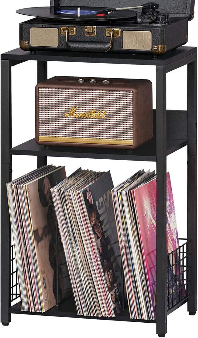 LELELINKY Black End Table, Small Side Table with Metal Frame, Modern Record Player Stand with Storage Shelf, Wood 3 Tier Sofa Bedside Tables, Narrow Nightstand for Living Room Bedroom Office (Medium)