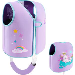 Pottwal Swim Vest for Kids - Swim Jacket for 1-2 Years (24-33LBS) - Buoyancy Aid Made of Neoprene & EPE - with Adjustable Crotch Strap (Small, 8 Pockets - Purple Unicorn)