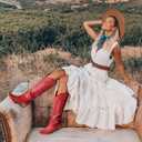 Rivalran Cowboy Boots for Women - Knee High Pointed Toe Chunky Heel Pull On Zipper Western Cowgirl Boots, Retro Country Vintage Fashion Tall Boots (Red) US 9.5