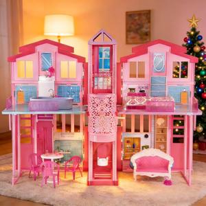 Large Doll House W/Elevator, Foldable Dollhouse Playhouse with Spacious Rooms & Big Furnitures, Girls Dolls House Toys Gifts for Kids Ages 3+