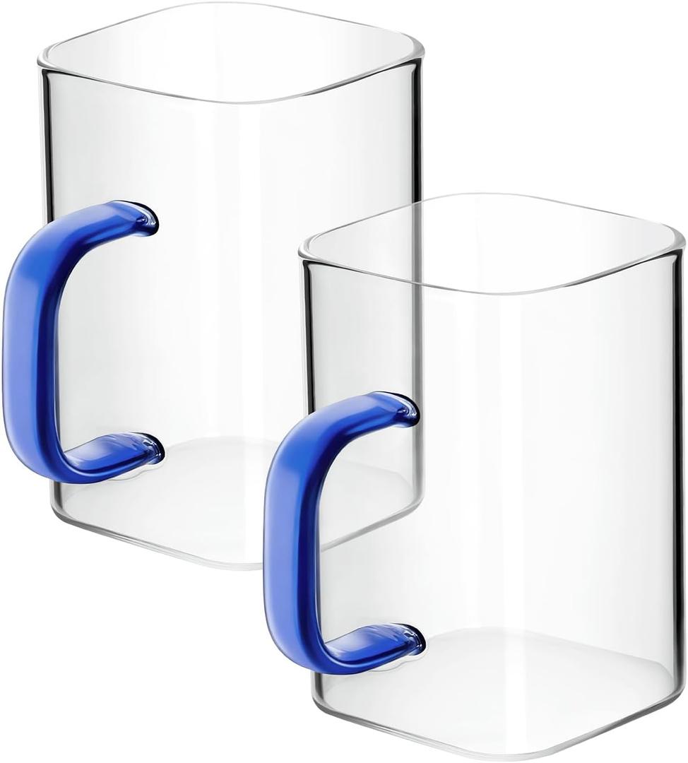 Tupalizy 8.5oz Drinking Glasses Square Glass Coffee Cups Clear Tumbler with Handle for Water Iced Coffee Tea Juice Cocktail Mixed Drinks Dessert Kitchen Glassware Party Gifts,Set of 2,Blue