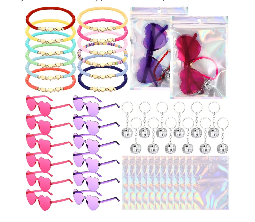 Geiserailie 48 Pcs Popular Singer Party Favors Era Friendship Gifts Set, Beaded Bracelets Sunglasses Keychain for Birthday(Vibrant Colors)