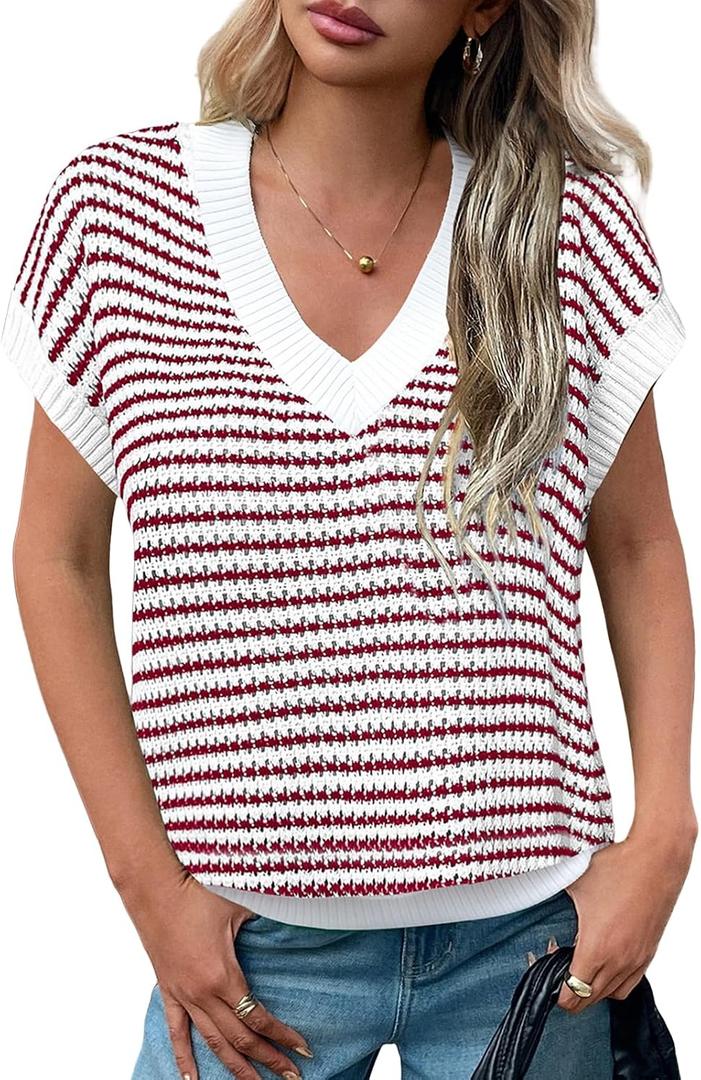 Womens Summer Striped Knit Sweater Vest Cap Sleeve Lightweight Casual Pullover Tank Tops (L)