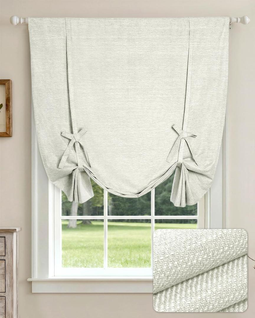 LazBlinds Tie Up Curtains, Linen Blackout Thermal Insulated Balloon Roman Shade Bathroom Window Curtain, Adjustable Rod Pocket Drape for Kitchen, Living Room, Bedroom (42" W x 63" L, White)