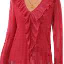 Gaharu Women's Dressy Blouses Long Sleeve Ruffle Shirts Casual Loose Fit Mesh Double Layers Flowy Tunic Tops (Red)
