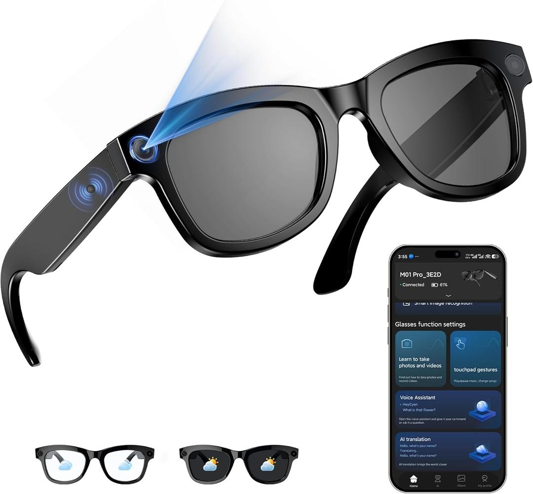 AI Smart Glasses with 8MP 800W Camera for 1080P Video Recording 12min & HD Photo, Bluetooth Real-Time Translation,AI Voice Assistant,Object Recognition,Music Player Gift of Lover,Traveler (large)