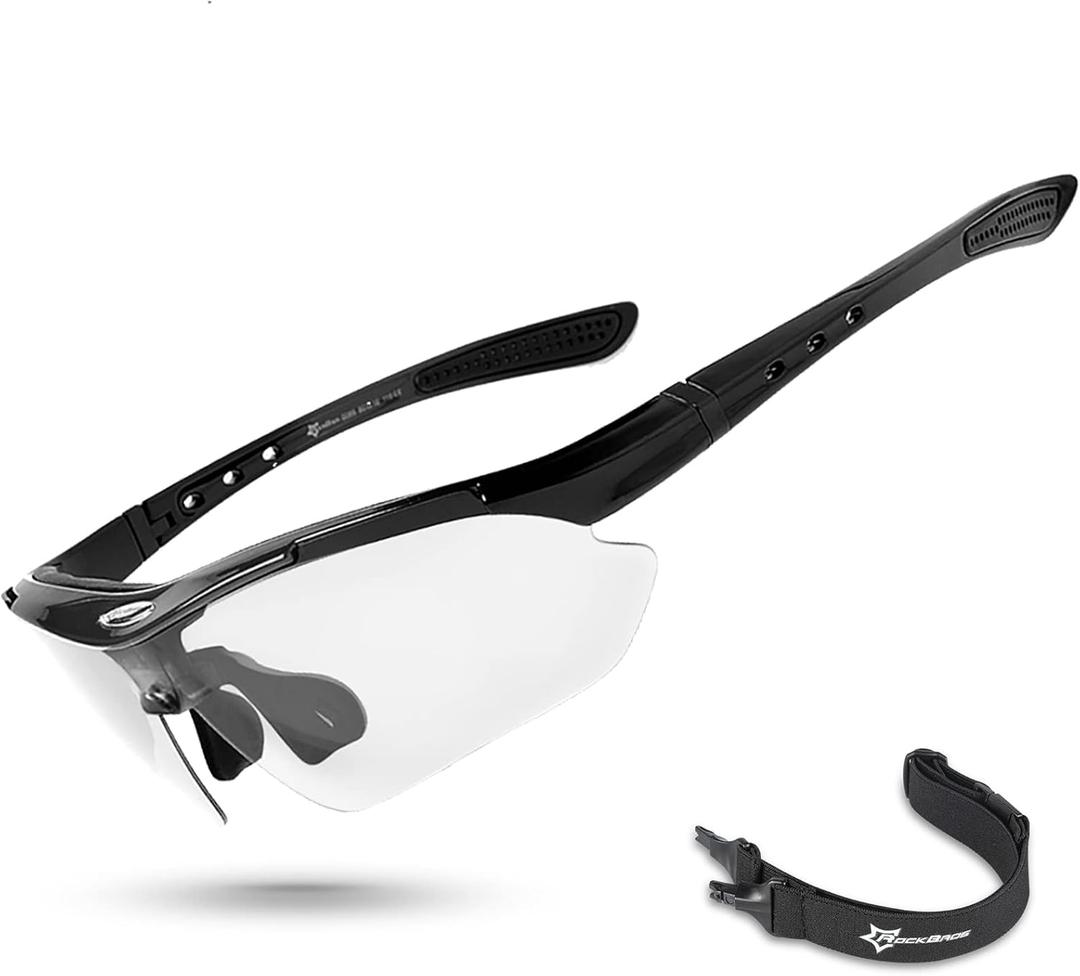 ROCKBROS Photochromic Sports Sunglasses Mens Pickleball Glasses Cycling Glasses MTB Sunglasses, with Removable Elasctic Band