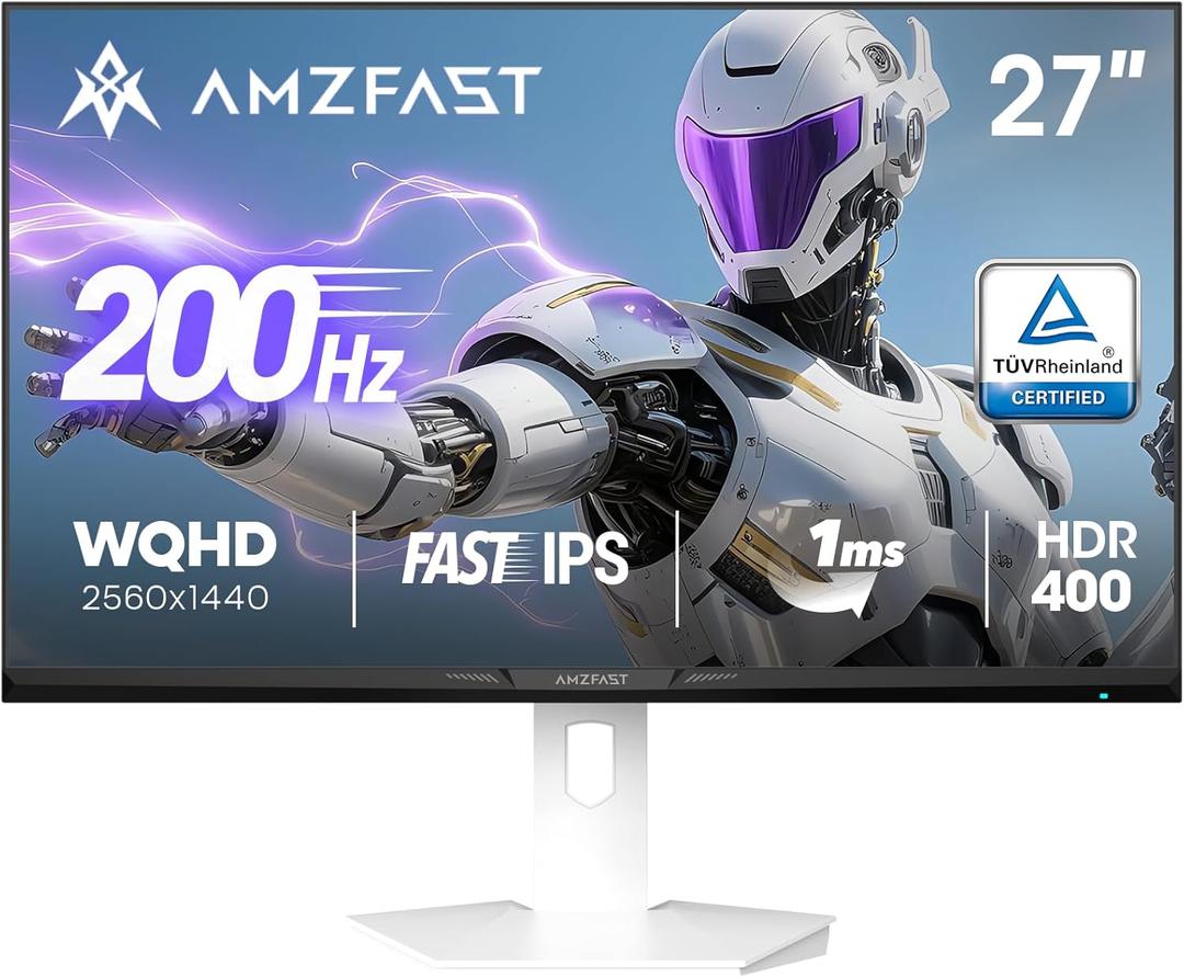 Amzfast 27 Inch 1440P 200Hz/180Hz White Gaming Monitor, 2K QHD (2560 1440),MPRT 1ms Fast IPS | HDR400 & TV Rheinland Eye Care & 12 Months Exchange (HDMI & DP Cable)